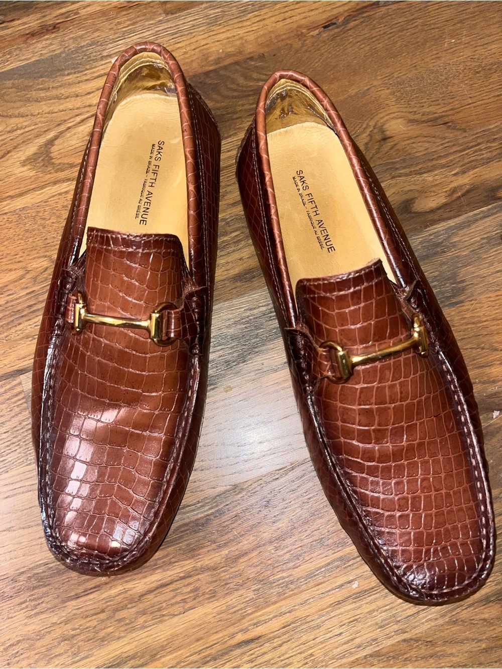 Saks Fifth Avenue Drivers Loafers Brown Gold Accent Crocodile 10.5